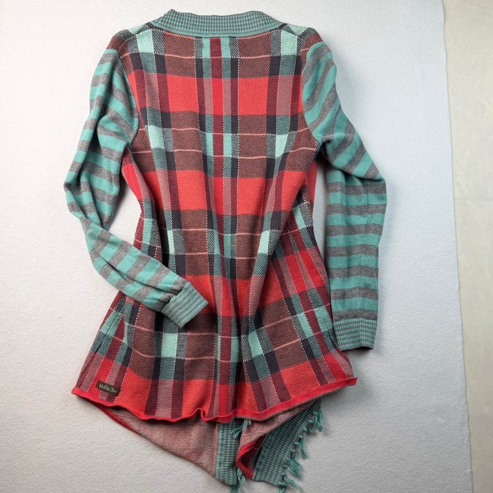 Matilda Jane Women’s Medium Open Front Cardigan Plaid Fringe Sweater - Picture 4 of 8